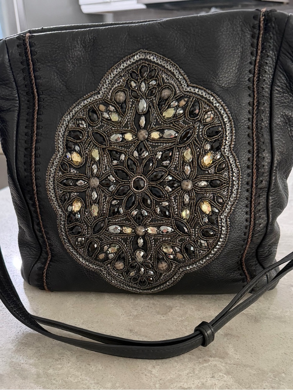 Brighton Black Leather Crossbody Satchel with Beaded Medallion